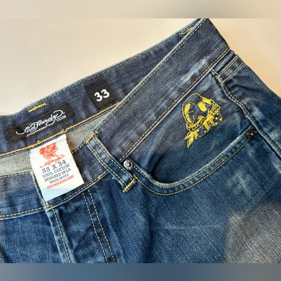 Y2K Super Rare Ed Hardy Army Skull Denim Jeans Christian Audigier Men Size 33 - Picture 8 of 16